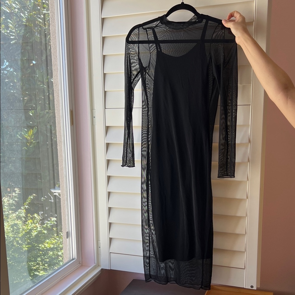 Elegant Black Mesh Overlay Dress